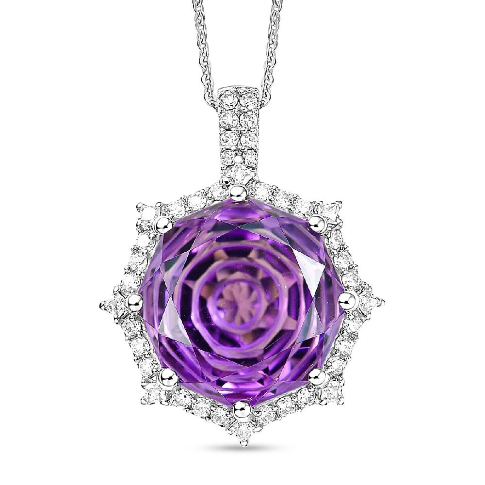 D'Joy Star Illusion Cut African Amethyst and Moissanite 12.40 ctw Pendant Necklace in Rhodium Over Sterling Silver 20 Inches