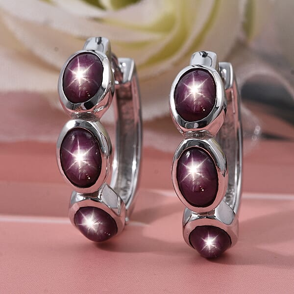 D'Joy Star Ruby Earrings In Rhodium Over Sterling Silver 5.90 Ctw