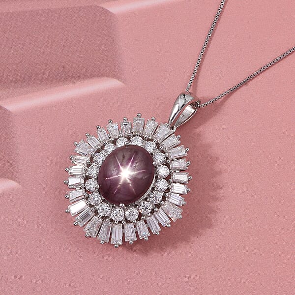 D'Joy Star Ruby Moissanite Pendant Necklace In Rhodium Over Sterling Silver 9.65 Ctw (20 Inches)