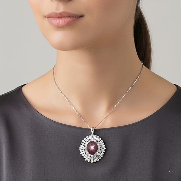 D'Joy Star Ruby Moissanite Pendant Necklace In Rhodium Over Sterling Silver 9.65 Ctw (20 Inches)