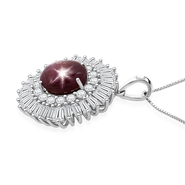 D'Joy Star Ruby Moissanite Pendant Necklace In Rhodium Over Sterling Silver 9.65 Ctw (20 Inches)