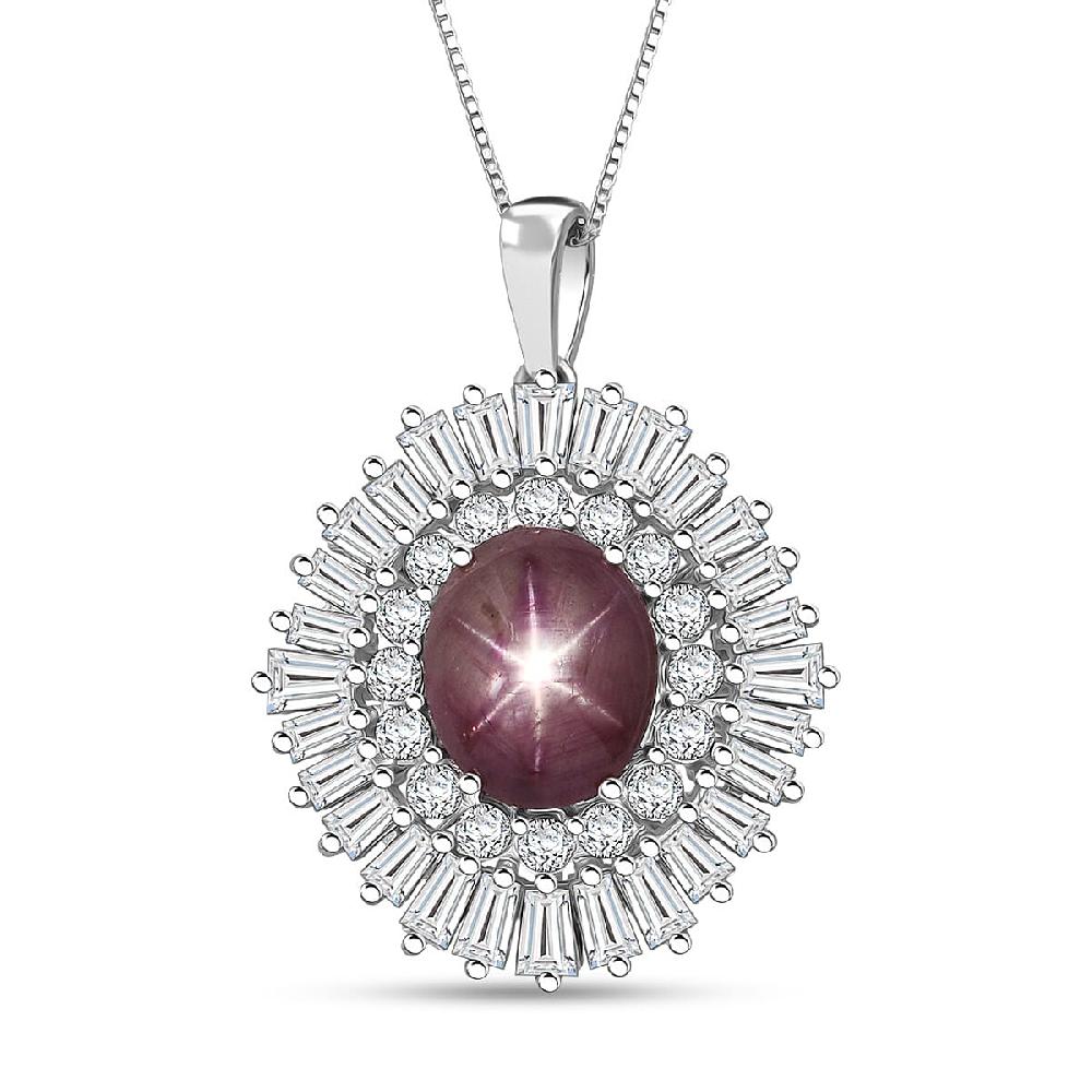 D'Joy Star Ruby Moissanite Pendant Necklace in Rhodium Over Sterling Silver 9.65 ctw (20 Inches)