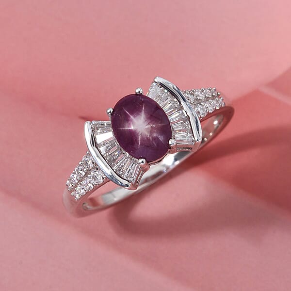 D'Joy Star Ruby Moissanite Ring In Rhodium Over Sterling Silver 3.15 Ctw