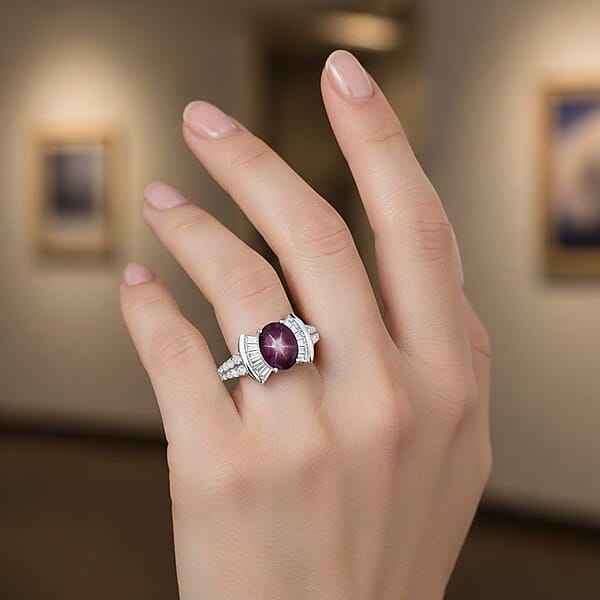 D'Joy Star Ruby Moissanite Ring In Rhodium Over Sterling Silver 3.15 Ctw