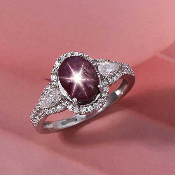 D'Joy Star Ruby Moissanite Ring In Rhodium Over Sterling Silver 4.30 Ctw