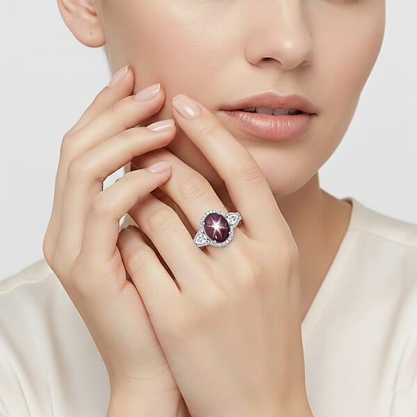 D'Joy Star Ruby Moissanite Ring In Rhodium Over Sterling Silver 4.30 Ctw