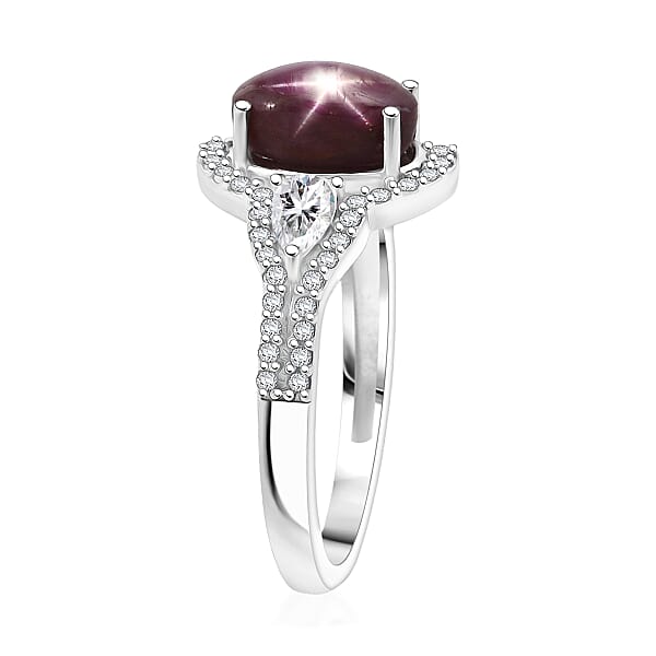 D'Joy Star Ruby Moissanite Ring In Rhodium Over Sterling Silver 4.30 Ctw