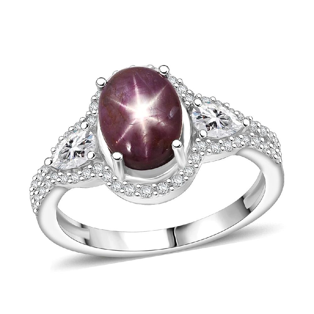 D'Joy Star Ruby Moissanite Ring in Rhodium Over Sterling Silver 4.30 ctw