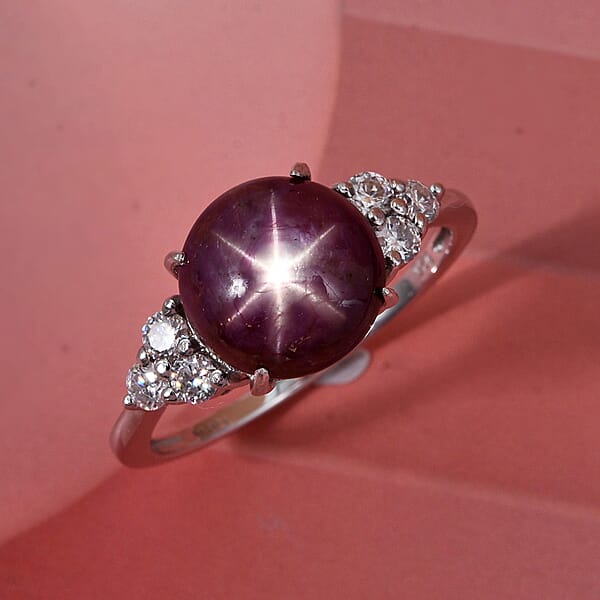 D'Joy Star Ruby Moissanite Ring In Rhodium Over Sterling Silver 7.25 Ctw