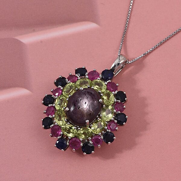D'Joy Star Ruby Multi Gemstone Pendant Necklace In Rhodium Over Sterling Silver 10.20 Ctw (20 Inches)