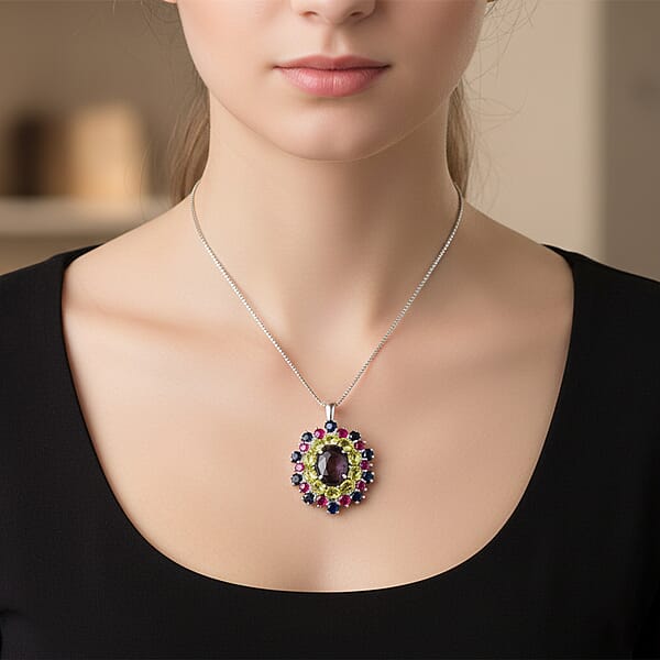 D'Joy Star Ruby Multi Gemstone Pendant Necklace In Rhodium Over Sterling Silver 10.20 Ctw (20 Inches)