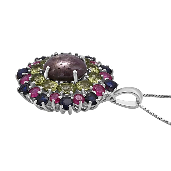 D'Joy Star Ruby Multi Gemstone Pendant Necklace In Rhodium Over Sterling Silver 10.20 Ctw (20 Inches)
