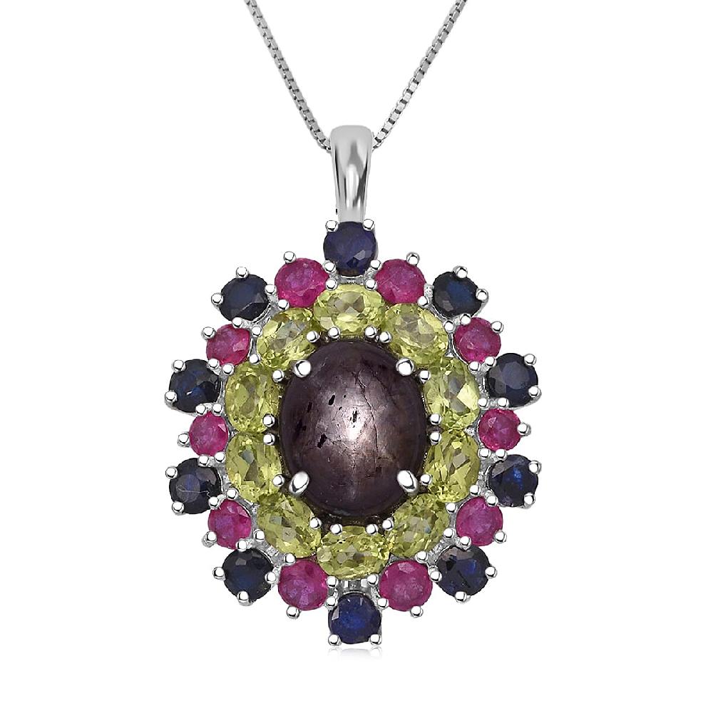 D'Joy Star Ruby Multi Gemstone Pendant Necklace in Rhodium Over Sterling Silver 10.20 ctw (20 Inches)