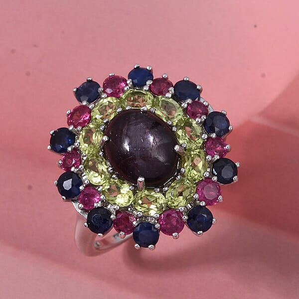 D'Joy Star Ruby Multi Gemstone Ring In Rhodium Over Sterling Silver 10.20 Ctw
