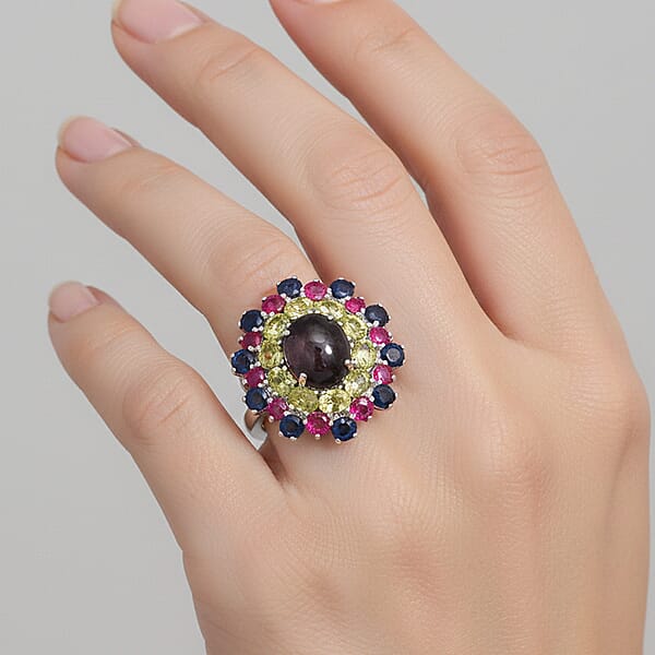 D'Joy Star Ruby Multi Gemstone Ring In Rhodium Over Sterling Silver 10.20 Ctw