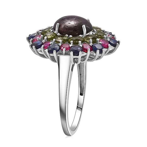 D'Joy Star Ruby Multi Gemstone Ring In Rhodium Over Sterling Silver 10.20 Ctw
