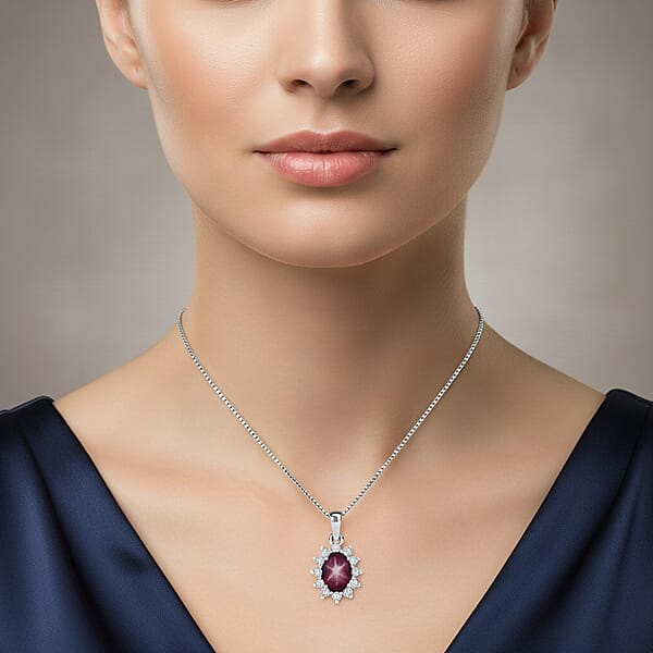 D'Joy Star Ruby White Zircon Pendant Necklace In Rhodium Over Sterling Silver 2.00 Ctw (20 Inches)