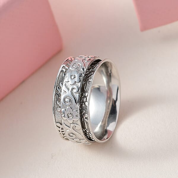 D'Joy Sterling Silver Floral Spinner Band Ring 4.75 Grams