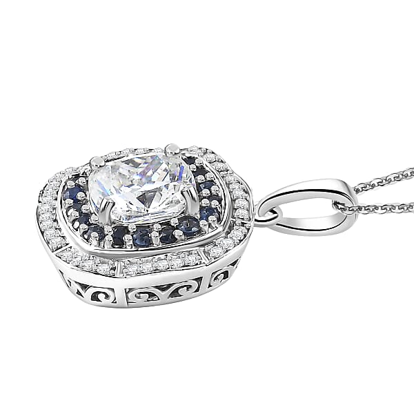 D'Joy Strontium Titanate And Multi Gemstone 4.25 Ctw Regal Halo Pendant Necklace 20 Inches In Rhodium Over Sterling Silver