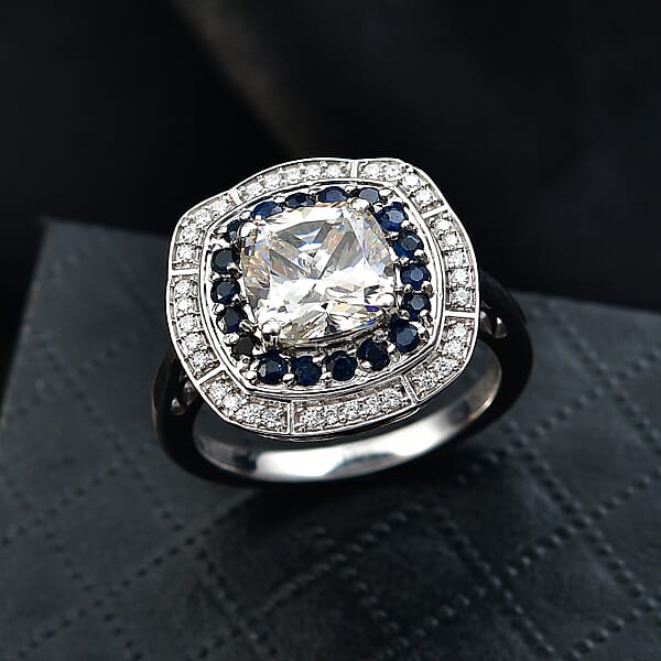 D'Joy Strontium Titanate And Multi Gemstone 4.30 Ctw Art Deco Ring In Rhodium Over Sterling Silver