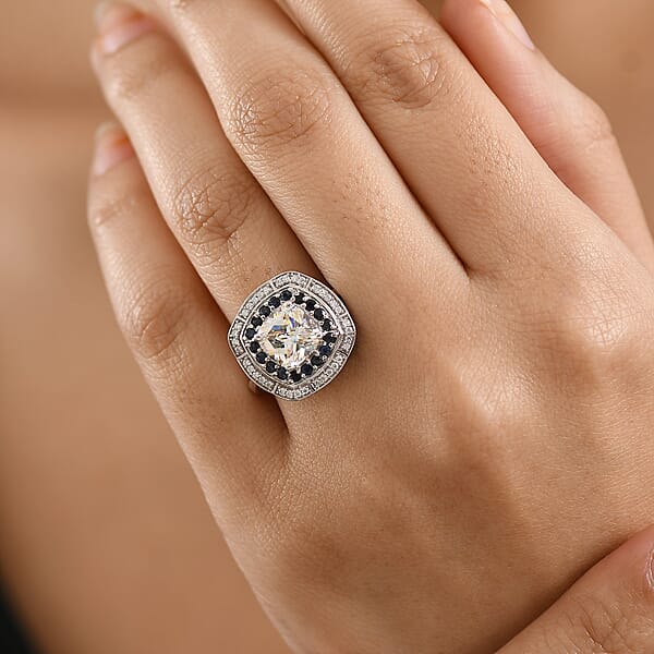 D'Joy Strontium Titanate And Multi Gemstone 4.30 Ctw Art Deco Ring In Rhodium Over Sterling Silver