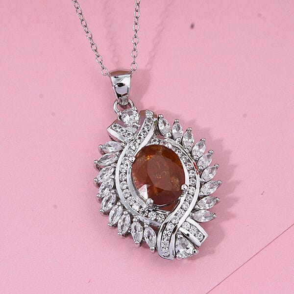 D'Joy Tangerine Kyanite And White Zircon 7.75 Ctw Twilight Crest Pendant Necklace In Rhodium Over Sterling Silver 20 Inches