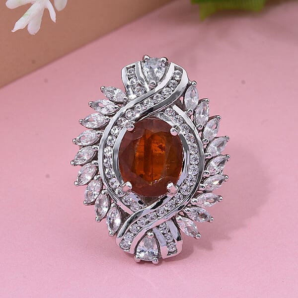 D'Joy Tangerine Kyanite And White Zircon 7.75 Ctw Twilight Crest Ring In Rhodium Over Sterling Silver