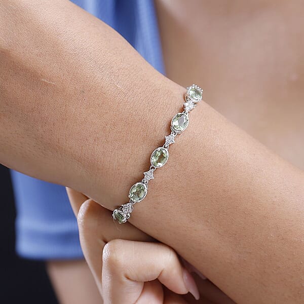 D'Joy Tanzania Natural Green Apatite And White Zircon 11.00 Ctw Bracelet In Rhodium Over Sterling Silver (7.25 In)
