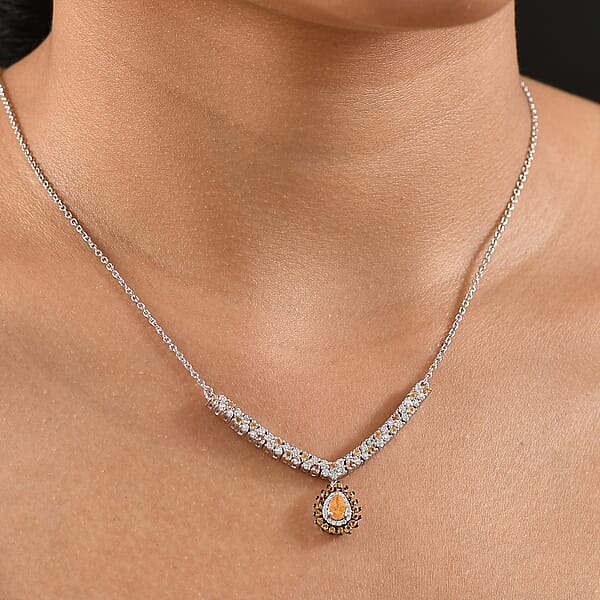 D'Joy Tanzanian Mandarin Garnet And Moissanite 2.35 Ctw Kindled Curve Necklace 18 Inches In Rhodium Over Sterling Silver