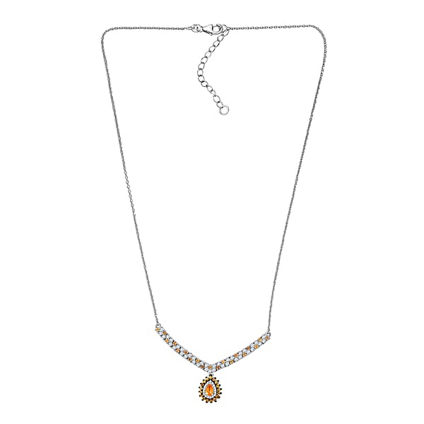 D'Joy Tanzanian Mandarin Garnet And Moissanite 2.35 Ctw Kindled Curve Necklace 18 Inches In Rhodium Over Sterling Silver