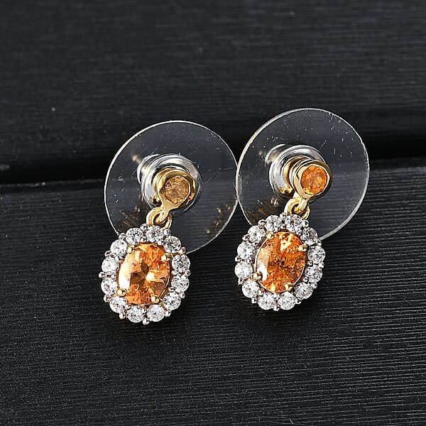 D'Joy Tanzanian Mandarin Garnet And White Zircon 1.55 Ctw Flame Petals Earrings In 18K Vermeil Yellow Gold Over Sterling Silver