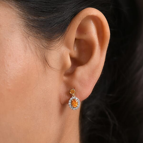 D'Joy Tanzanian Mandarin Garnet And White Zircon 1.55 Ctw Flame Petals Earrings In 18K Vermeil Yellow Gold Over Sterling Silver