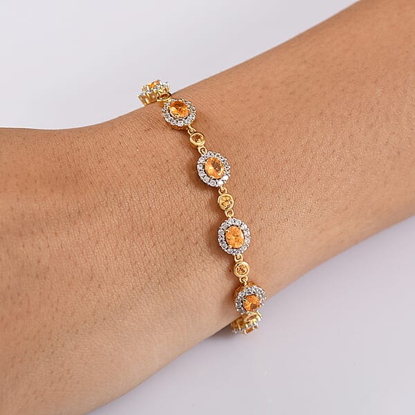 D'Joy Tanzanian Mandarin Garnet And White Zircon 8.65 Ctw Flame Petals Bracelet In 18K Vermeil Yellow Gold Over Sterling Silver (7.25 In)