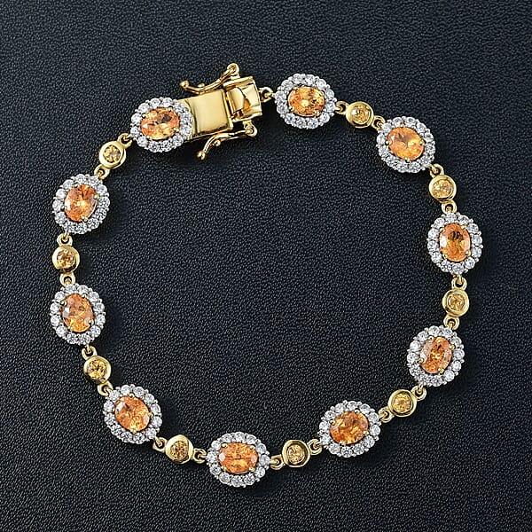 D'Joy Tanzanian Mandarin Garnet And White Zircon 8.50 Ctw Flame Petals Bracelet In 18K Vermeil Yellow Gold Over Sterling Silver (6.50 In)