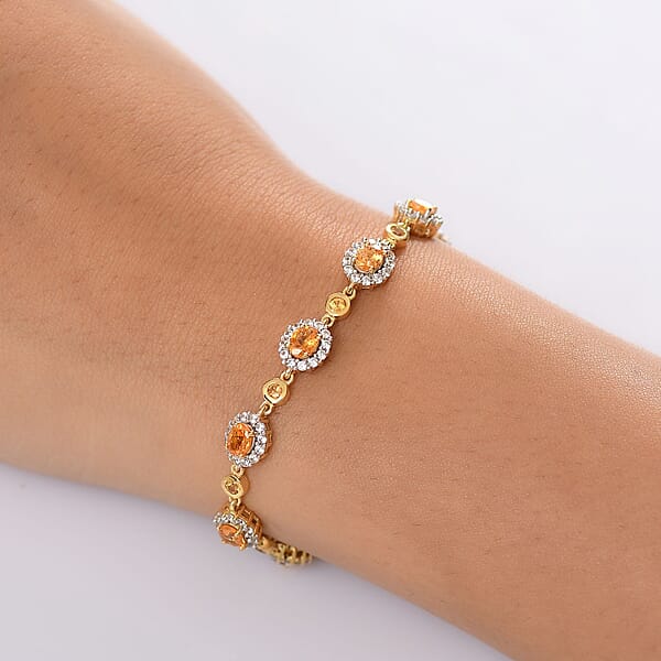 D'Joy Tanzanian Mandarin Garnet And White Zircon 8.50 Ctw Flame Petals Bracelet In 18K Vermeil Yellow Gold Over Sterling Silver (6.50 In)