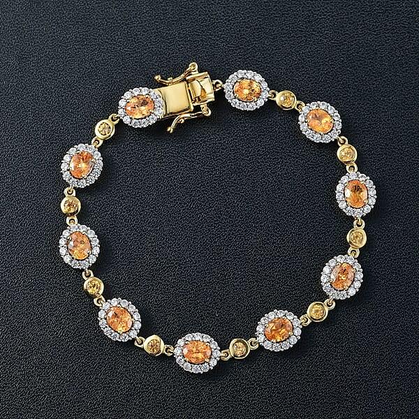 D'Joy Tanzanian Mandarin Garnet And White Zircon 9.40 Ctw Flame Petals Bracelet In 18K Vermeil Yellow Gold Over Sterling Silver (8.00 In)