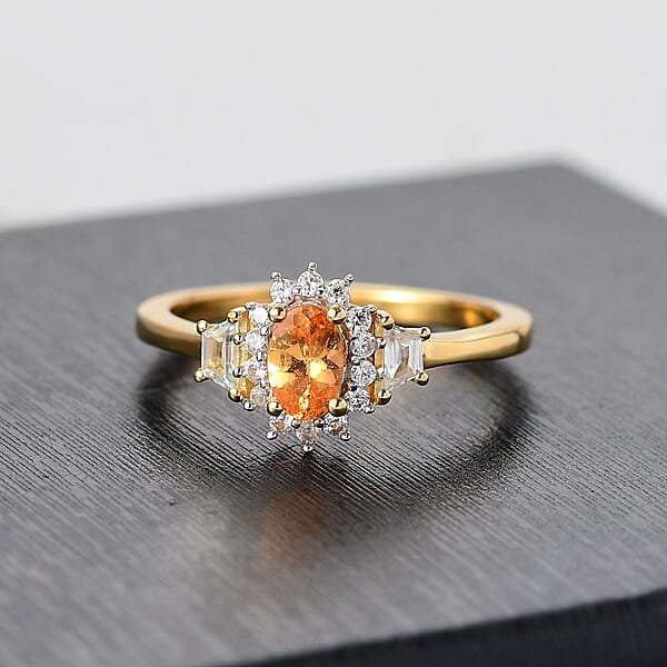 D'Joy Tanzanian Mandarin Garnet White Zircon Sunflare Regal Ring In 18K Vermeil YG Over Sterling Silver 1.00 Ctw
