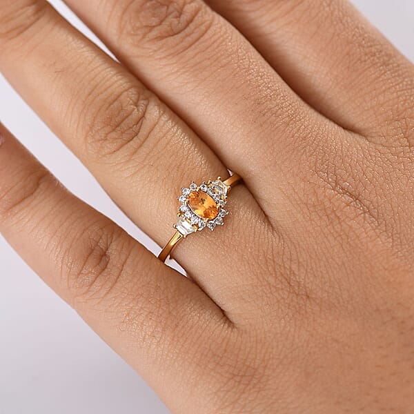 D'Joy Tanzanian Mandarin Garnet White Zircon Sunflare Regal Ring In 18K Vermeil YG Over Sterling Silver 1.00 Ctw