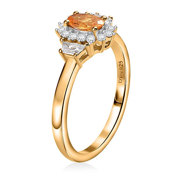 D'Joy Tanzanian Mandarin Garnet White Zircon Sunflare Regal Ring In 18K Vermeil YG Over Sterling Silver 1.00 Ctw