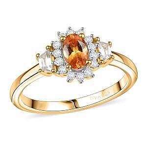 D'Joy Tanzanian Mandarin Garnet White Zircon Sunflare Regal Ring in 18K Vermeil YG Over Sterling Silver 1.00 ctw