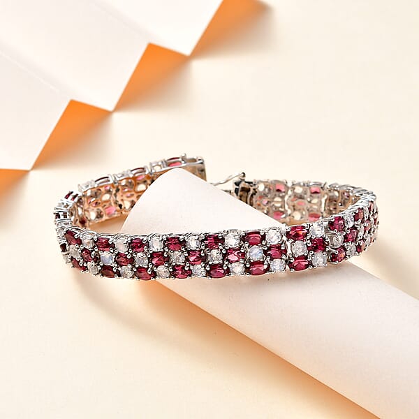 D'Joy Tanzanian Wine Garnet And Rainbow Moonstone 3 Row Bracelet In Rhodium Over Sterling Silver (7.25 In) 25.35 Ctw