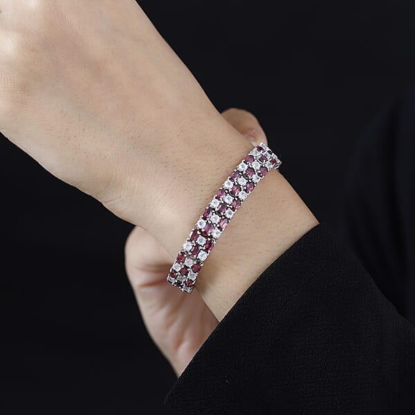 D'Joy Tanzanian Wine Garnet And Rainbow Moonstone 3 Row Bracelet In Rhodium Over Sterling Silver (7.25 In) 25.35 Ctw