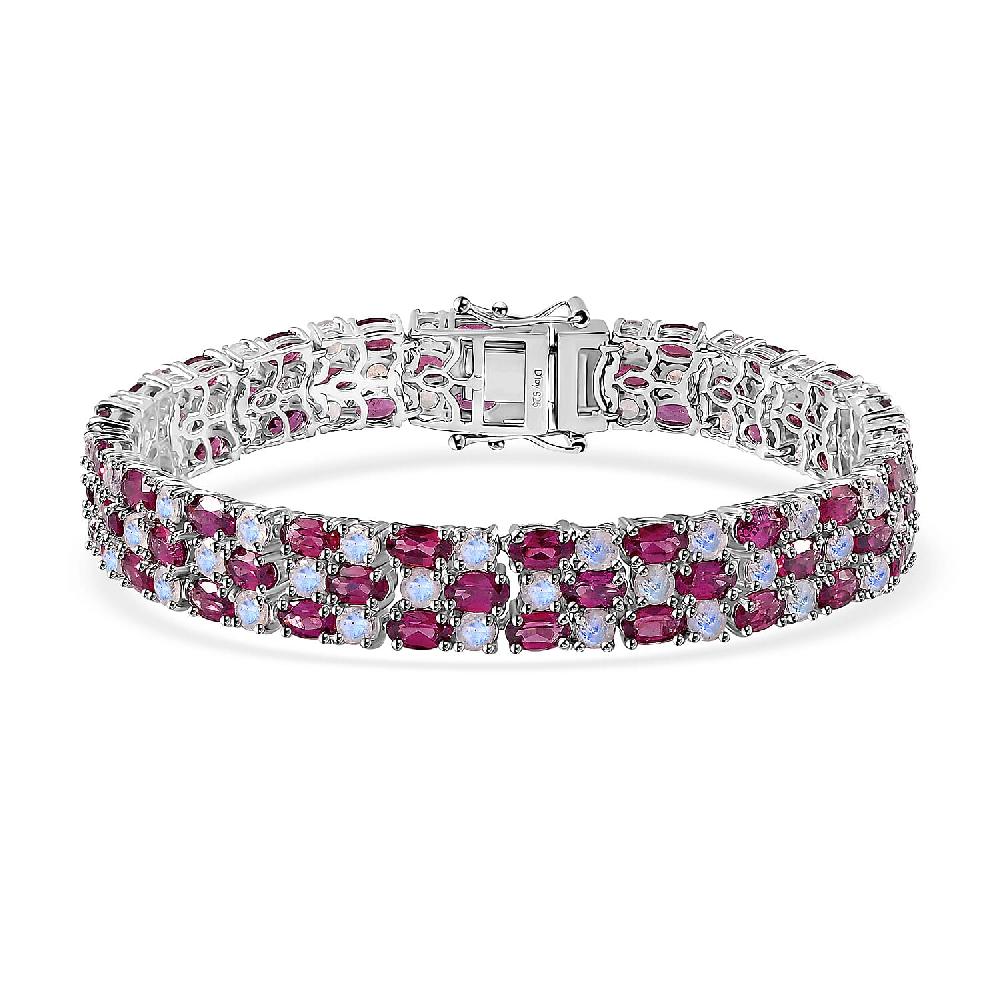 D'Joy Tanzanian Wine Garnet and Rainbow Moonstone 3 Row Bracelet in Rhodium Over Sterling Silver (7.25 In) 25.35 ctw