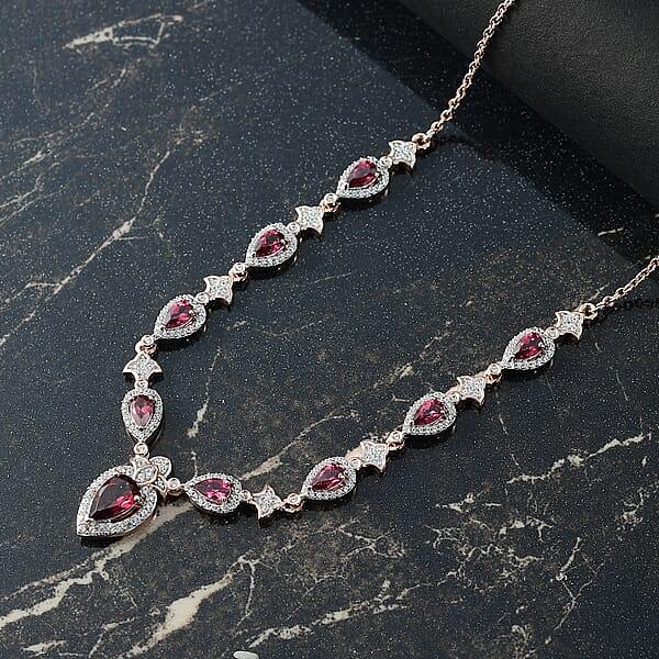 D'Joy Tanzanian Wine Garnet And White Zircon 4.70 Ctw Majestic Firefal Necklace In 18K Vermeil Rose Gold Over Sterling Silver 18 Inches