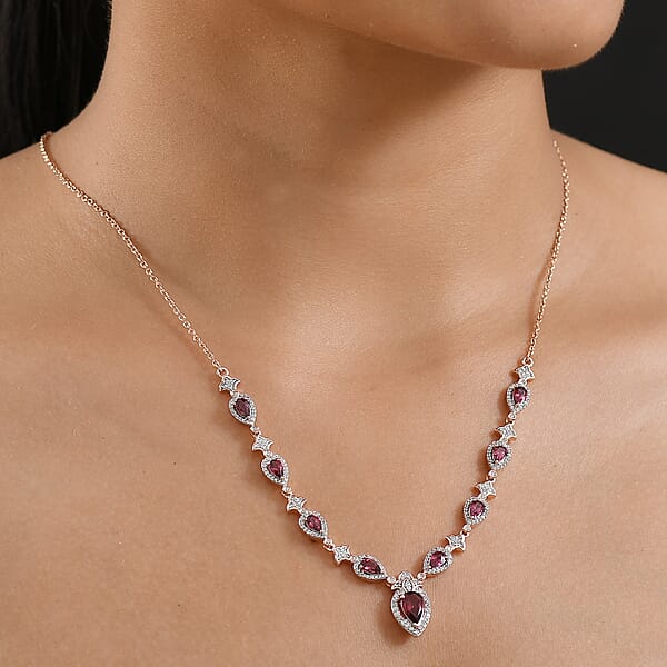 D'Joy Tanzanian Wine Garnet And White Zircon 4.70 Ctw Majestic Firefal Necklace In 18K Vermeil Rose Gold Over Sterling Silver 18 Inches