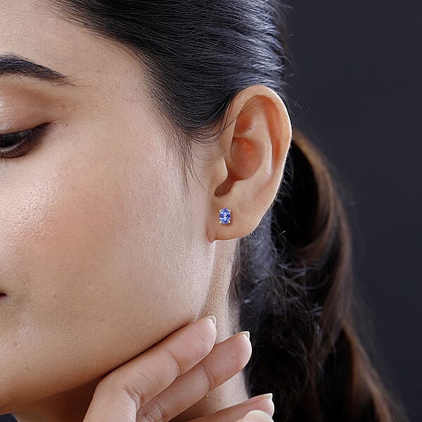 D'Joy Tanzanite 1.00 Ctw Solitaire Stud Earrings In Platinum Over Sterling Silver