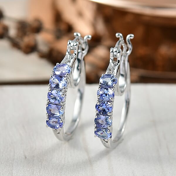 D'Joy Tanzanite 1.10 Ctw Classic Hoop Earrings In Rhodium Over Sterling Silver