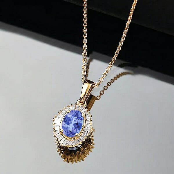 D'Joy Tanzanite And Diamond 1.00 Ctw Pendant Necklace In 18K Vermeil Yellow Gold Over Sterling Silver 20 Inches