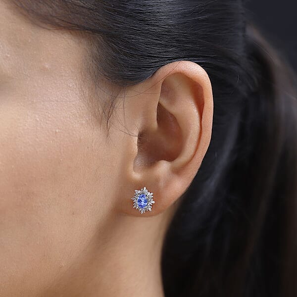 D'Joy Tanzanite And Diamond 1.20 Ctw Stud Earrings In Rhodium Over Sterling Silver (Del. In 10-12 Days)