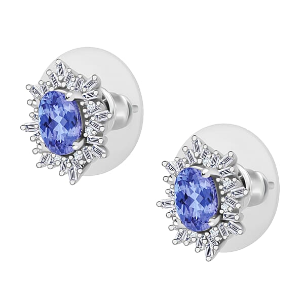D'Joy Tanzanite And Diamond 1.20 Ctw Stud Earrings In Rhodium Over Sterling Silver (Del. In 10-12 Days)